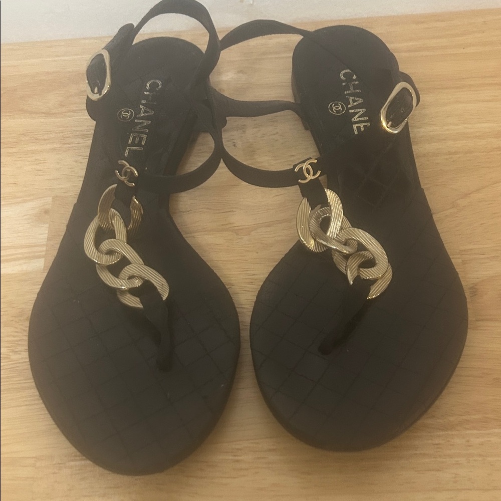 CHANEL Strappy Black and Gold Sandals